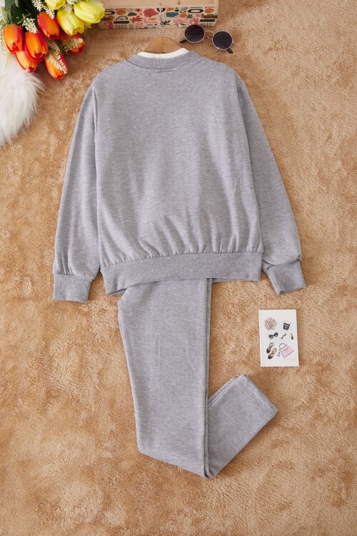 Gri Sevimli Köpek Baskılı Hırkalı Kız Çocuk 3lü Takım 17435