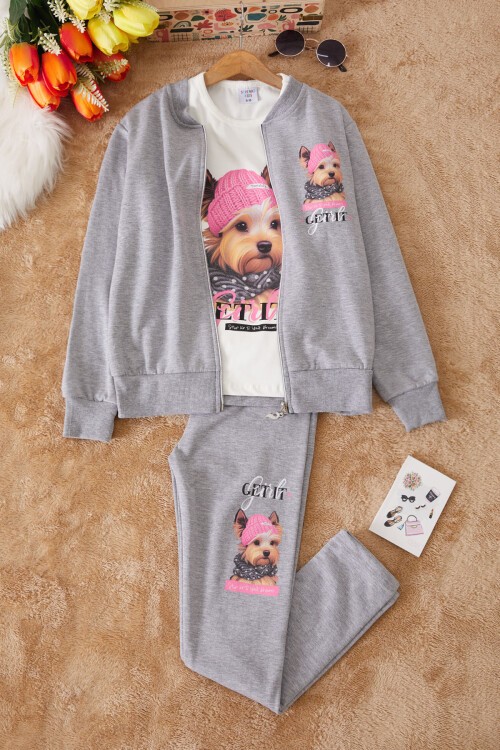 Gri Sevimli Köpek Baskılı Hırkalı Kız Çocuk 3lü Takım 17435