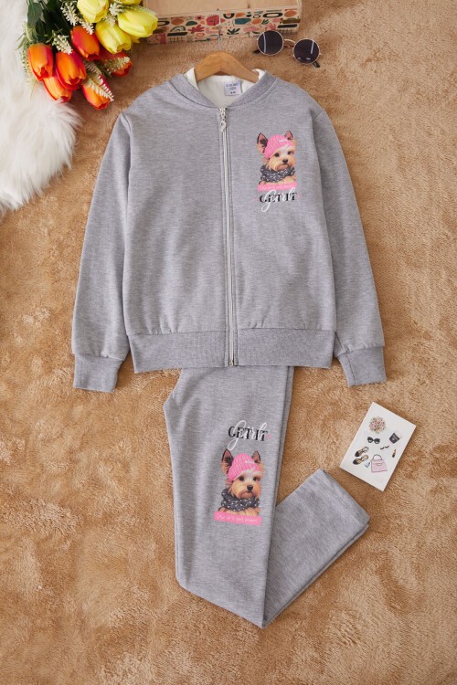 Gri Sevimli Köpek Baskılı Hırkalı Kız Çocuk 3lü Takım 17435