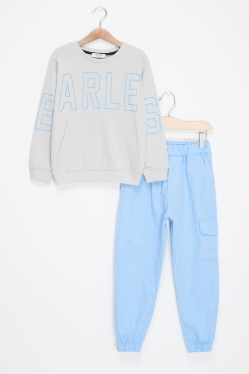 Gri Yazı Baskılı Kargo Cepli Pantolonlu Erkek Çocuk Takım 17436