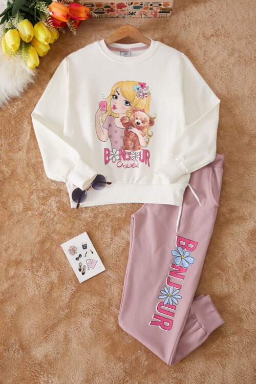 Gül Kurusu Ayıcıklı Karakter Baskılı Kız Çocuk Eşofman Takımı 17422