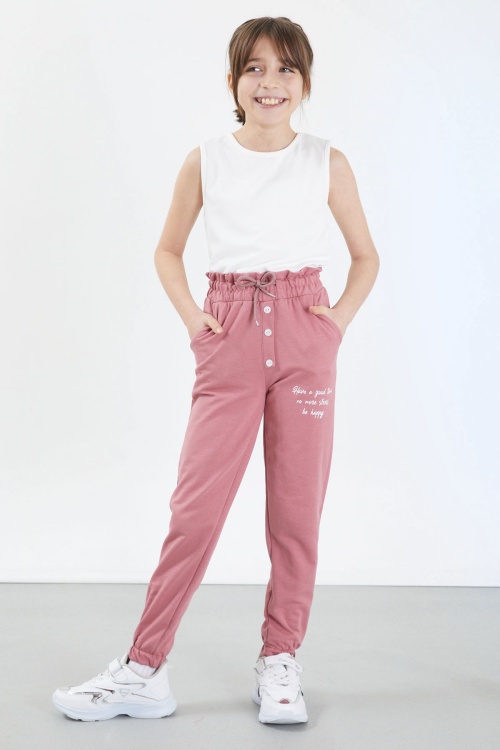 Gül Kurusu Have a Good Time Yazılı Düğme Detaylı Kız Eşofman Altı 17673