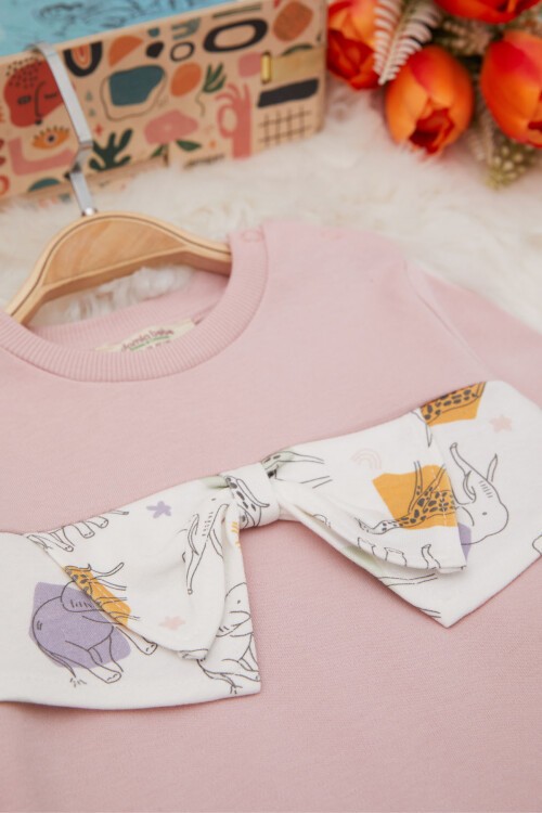 Gül Kurusu Hayvan Desenli Fiyonklu Kız Bebek Takım 17408