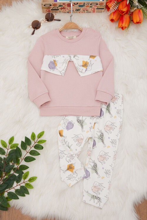 Gül Kurusu Hayvan Desenli Fiyonklu Kız Bebek Takım 17408