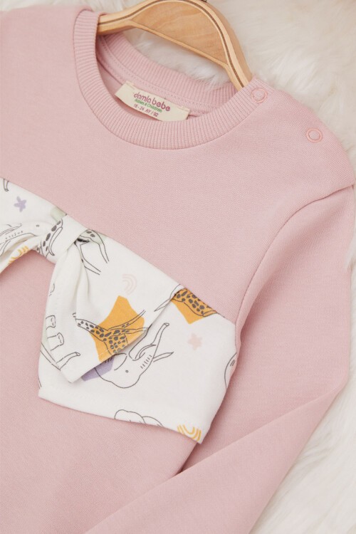 Gül Kurusu Hayvan Desenli Fiyonklu Kız Bebek Takım 17408
