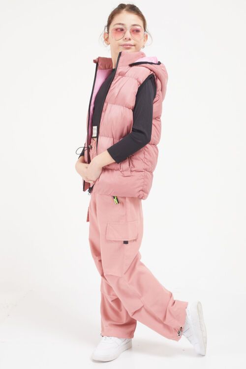 Gül Kurusu Kapüşonlu Cebi Çıtçıtlı Kız Çocuk Şişme Yelek 17615