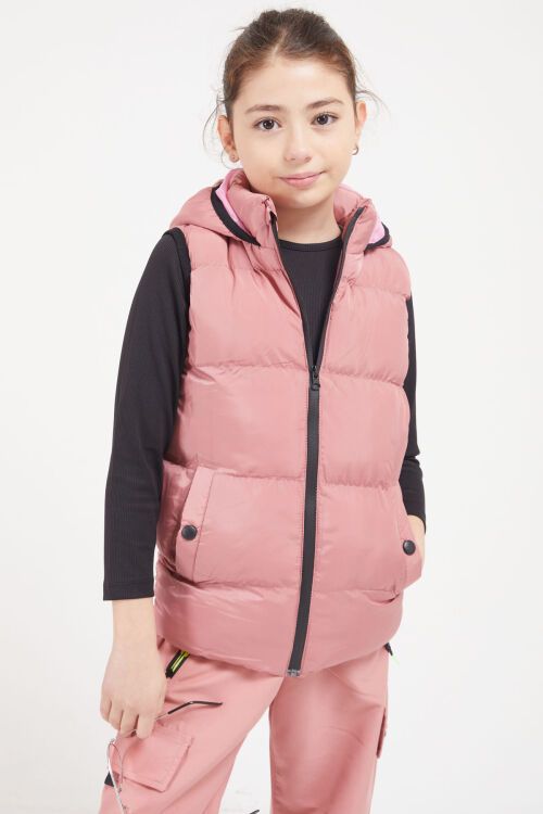 Gül Kurusu Kapüşonlu Cebi Çıtçıtlı Kız Çocuk Şişme Yelek 17615