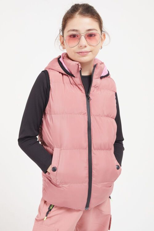 Gül Kurusu Kapüşonlu Cebi Çıtçıtlı Kız Çocuk Şişme Yelek 17615