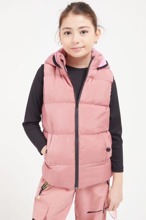 Gül Kurusu Kapüşonlu Cebi Çıtçıtlı Kız Çocuk Şişme Yelek 17615