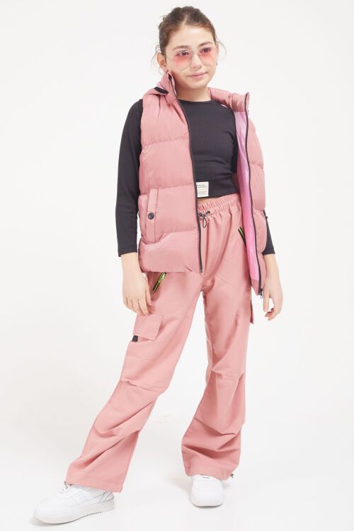 Gül Kurusu Kapüşonlu Cebi Çıtçıtlı Kız Çocuk Şişme Yelek 17615