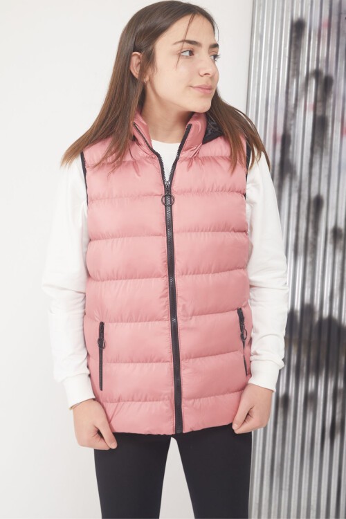 Gül Kurusu Kapüşonlu Fermuar Cepli Kız Çocuk Şişme Yelek 17533