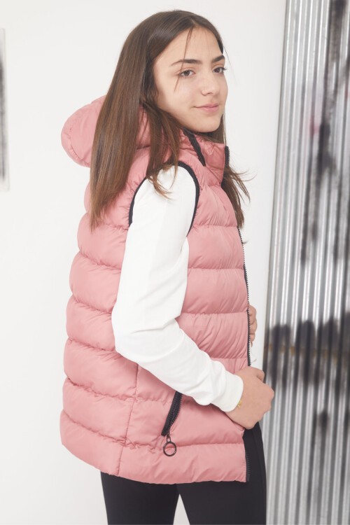 Gül Kurusu Kapüşonlu Fermuar Cepli Kız Çocuk Şişme Yelek 17533