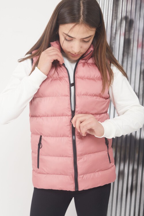 Gül Kurusu Kapüşonlu Fermuar Cepli Kız Çocuk Şişme Yelek 17533