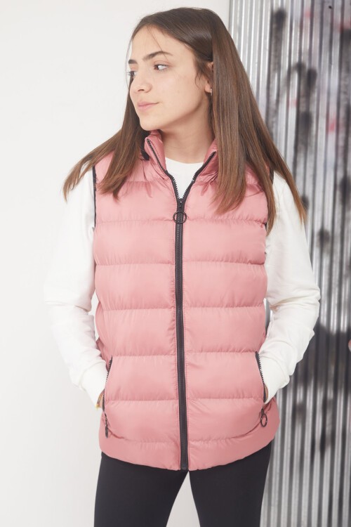 Gül Kurusu Kapüşonlu Fermuar Cepli Kız Çocuk Şişme Yelek 17533