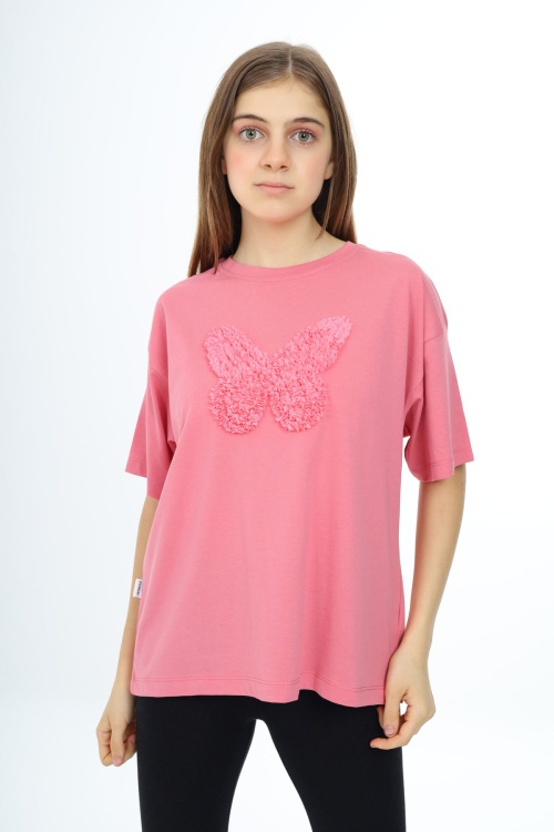 Gül Kurusu Kelebek İşlemeli Kısa Kol Kız Çocuk Tişört 17784