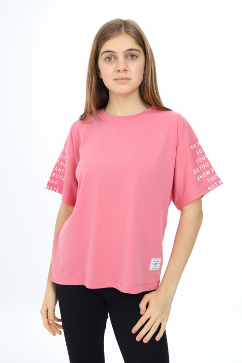 Gül Kurusu Kolları Yazı Baskılı Armalı Kız Çocuk Basic Tişört 17796