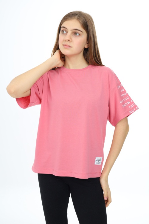 Gül Kurusu Kolları Yazı Baskılı Armalı Kız Çocuk Basic Tişört 17796