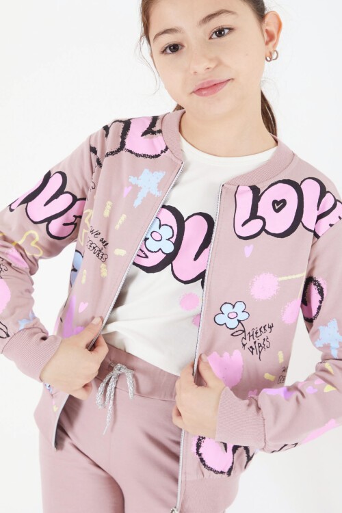 Gül Kurusu Love Baskılı Hırkalı Kız Çocuk 3lü Takım 17415