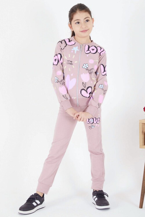 Gül Kurusu Love Baskılı Hırkalı Kız Çocuk 3lü Takım 17415