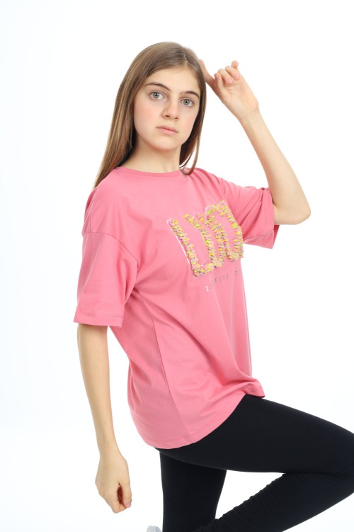 Gül Kurusu Luck Yazılı Bisiklet Yaka Kız Tişört 17801