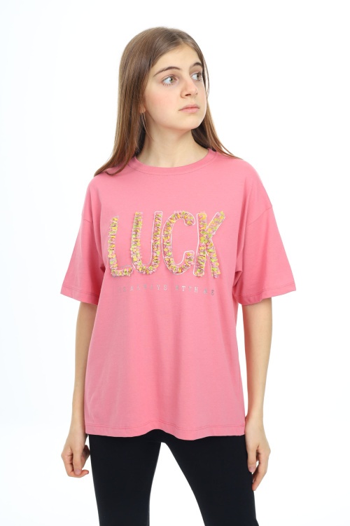 Gül Kurusu Luck Yazılı Bisiklet Yaka Kız Tişört 17801