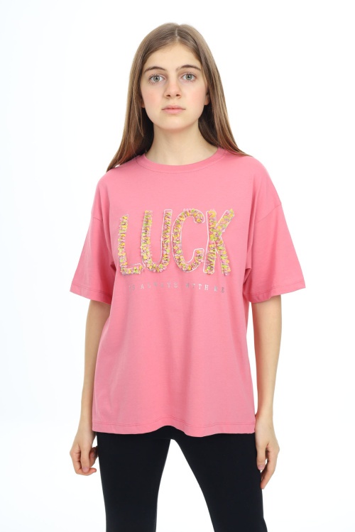 Gül Kurusu Luck Yazılı Bisiklet Yaka Kız Tişört 17801