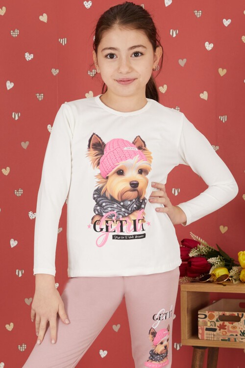 Gül Kurusu Sevimli Köpek Baskılı Hırkalı Kız Çocuk 3lü Takım 17433