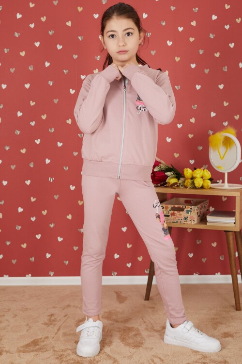 Gül Kurusu Sevimli Köpek Baskılı Hırkalı Kız Çocuk 3lü Takım 17433