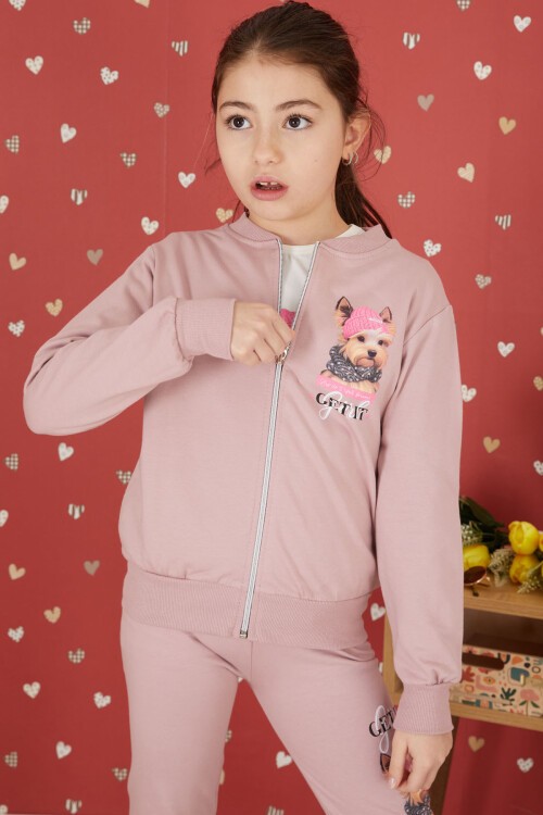 Gül Kurusu Sevimli Köpek Baskılı Hırkalı Kız Çocuk 3lü Takım 17433