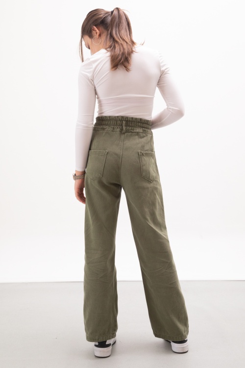 Haki Beli Lastikli Geniş Paça Kız Çocuk Jean Pantolon 17988