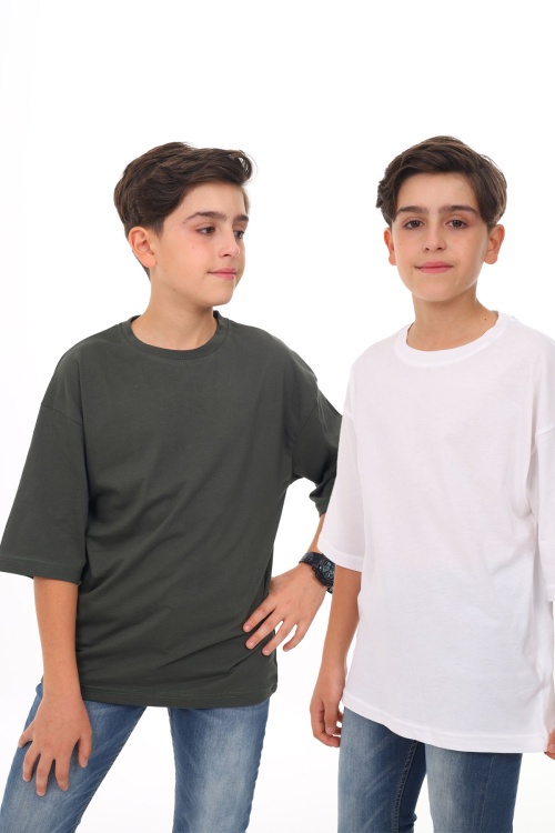 Haki - Beyaz Düz Bisiklet Yaka 2li Erkek Tişört 18046