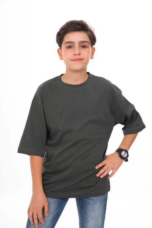 Haki - Beyaz Düz Bisiklet Yaka 2li Erkek Tişört 18046