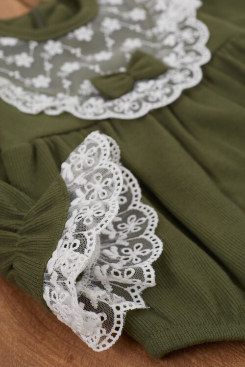 Haki Dantel Detaylı Uzun Kollu Bandanalı Çıtçıtlı Badi 17366