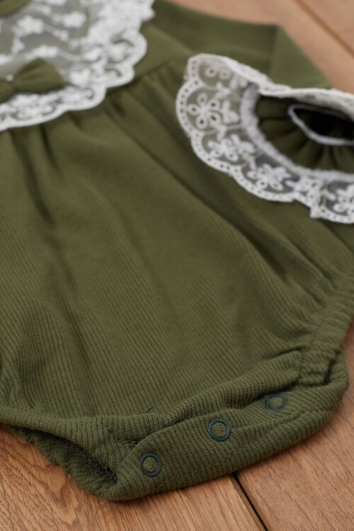 Haki Dantel Detaylı Uzun Kollu Bandanalı Çıtçıtlı Badi 17366