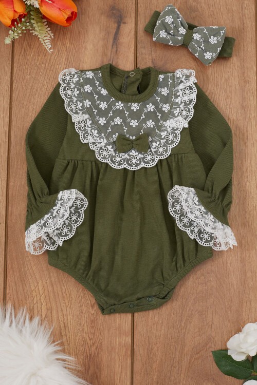 Haki Dantel Detaylı Uzun Kollu Bandanalı Çıtçıtlı Badi 17366