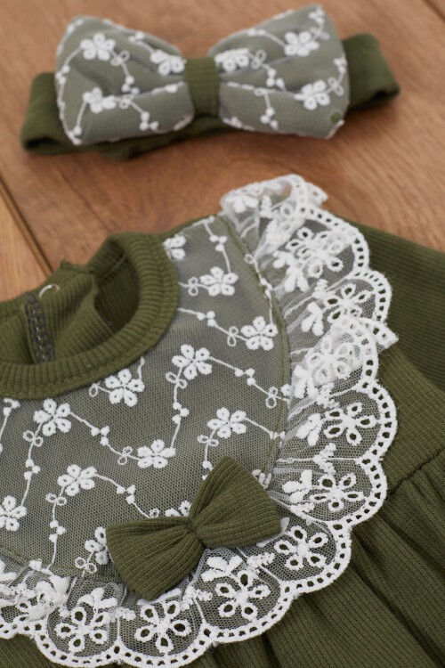 Haki Dantel Detaylı Uzun Kollu Bandanalı Çıtçıtlı Badi 17366