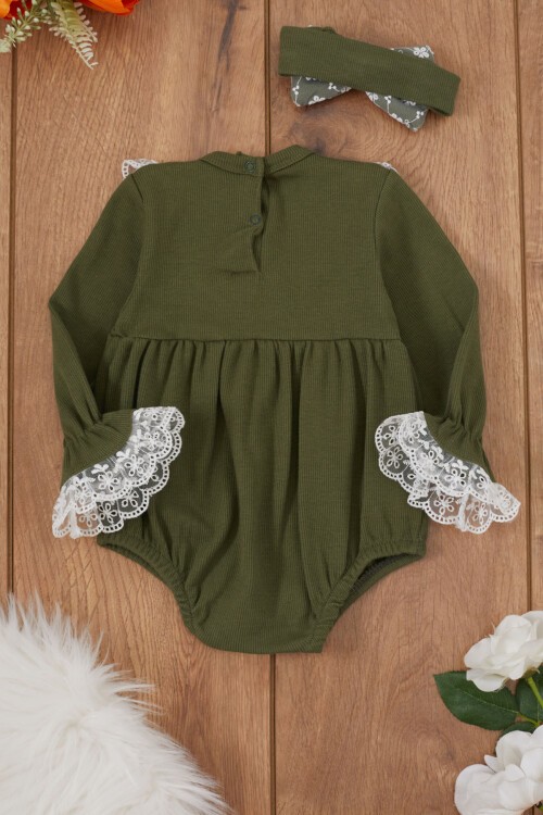 Haki Dantel Detaylı Uzun Kollu Bandanalı Çıtçıtlı Badi 17366