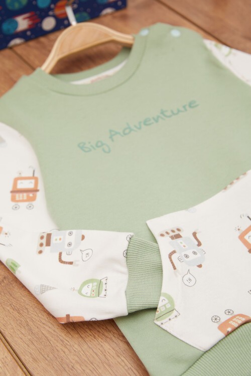 Haki Erkek Bebek Robot Desenli Kanguru Cepli Eşofman Takımı 17384