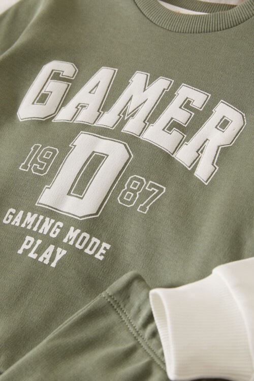 Haki Gamer Şeritli Baskılı Erkek Bebek Eşofman Takımı 17449