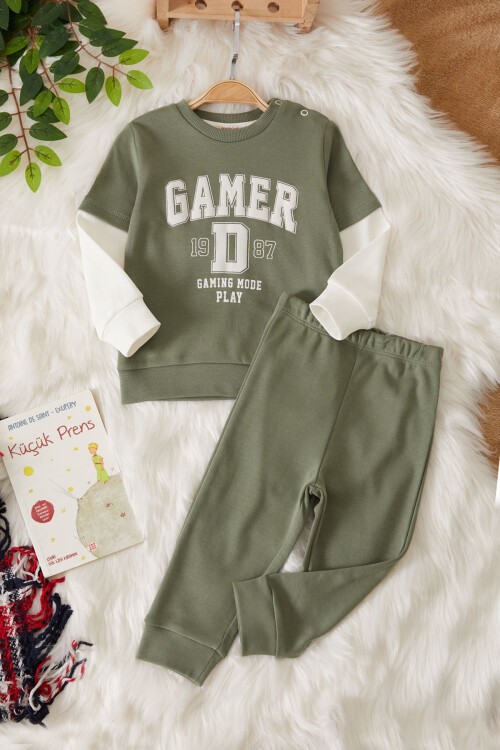 Haki Gamer Şeritli Baskılı Erkek Bebek Eşofman Takımı 17449