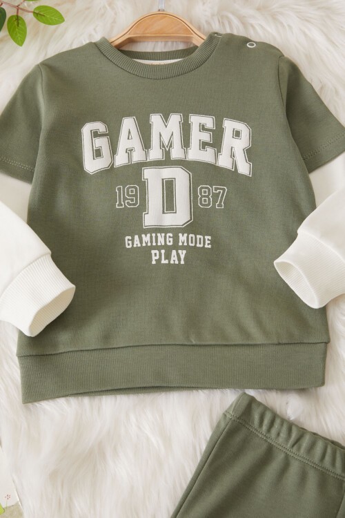 Haki Gamer Şeritli Baskılı Erkek Bebek Eşofman Takımı 17449
