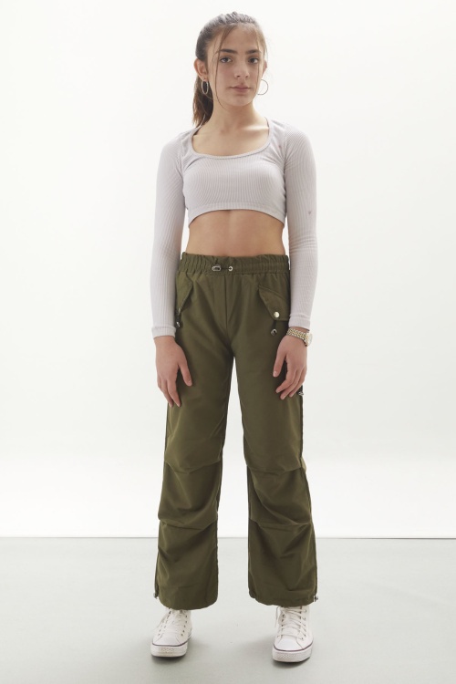 Haki Kapak Detaylı Beli Lastikli Kız Paraşüt Pantolon 18060