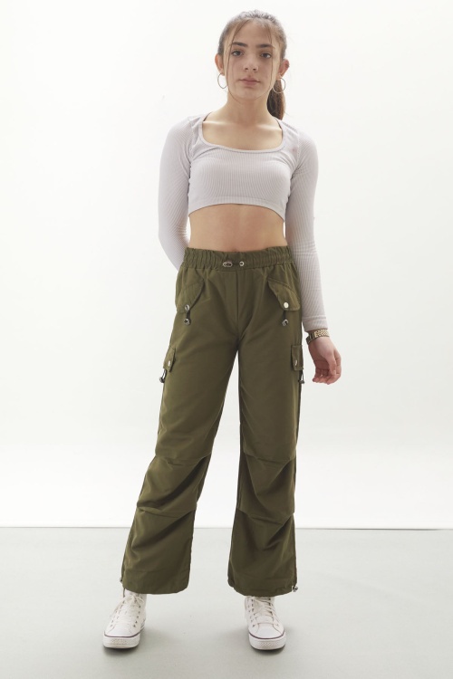 Haki Kapak Detaylı Beli Lastikli Kız Paraşüt Pantolon 18060