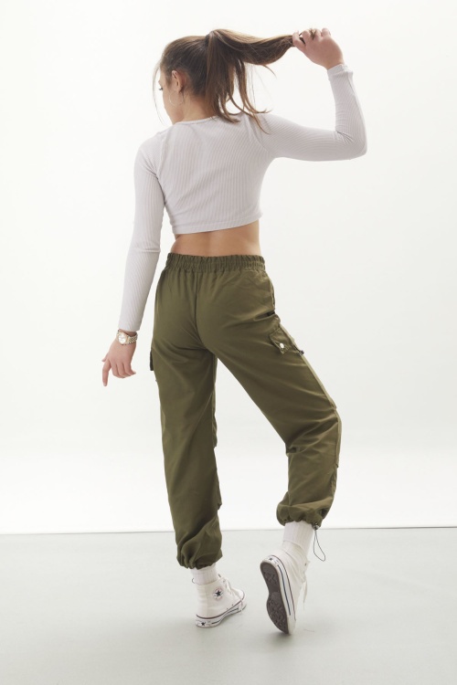 Haki Kapak Detaylı Beli Lastikli Kız Paraşüt Pantolon 18060