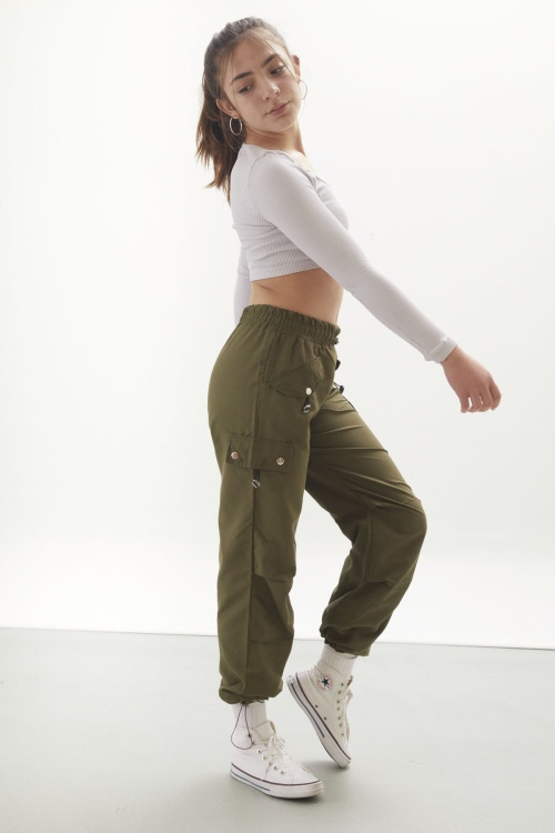 Haki Kapak Detaylı Beli Lastikli Kız Paraşüt Pantolon 18060