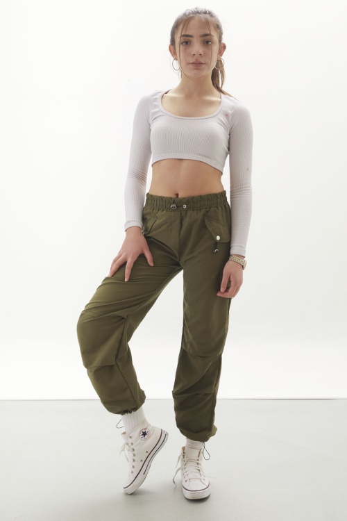 Haki Kapak Detaylı Beli Lastikli Kız Paraşüt Pantolon 18060