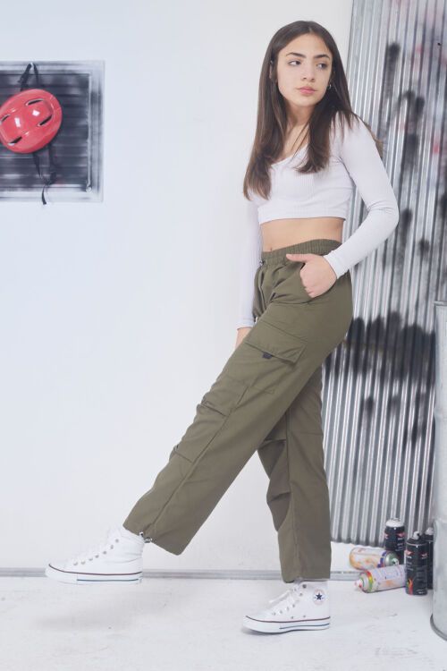 Haki Kargo Cep Lastikli Paça Kız Paraşüt Pantolon 17597