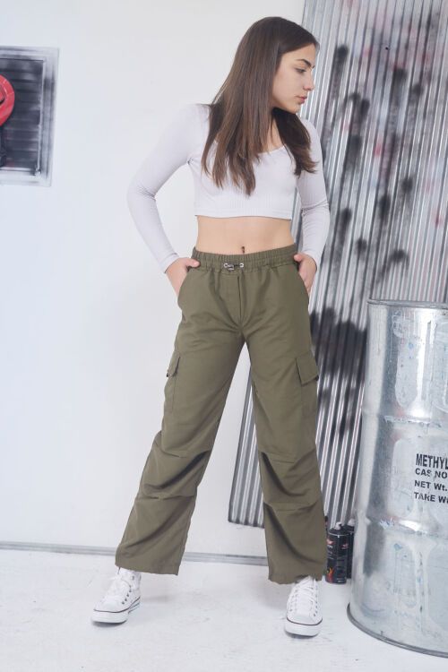 Haki Kargo Cep Lastikli Paça Kız Paraşüt Pantolon 17597