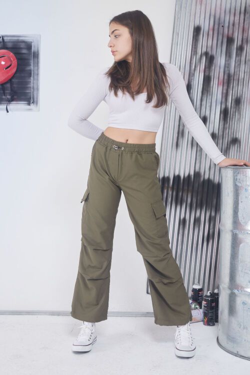 Haki Kargo Cep Lastikli Paça Kız Paraşüt Pantolon 17597