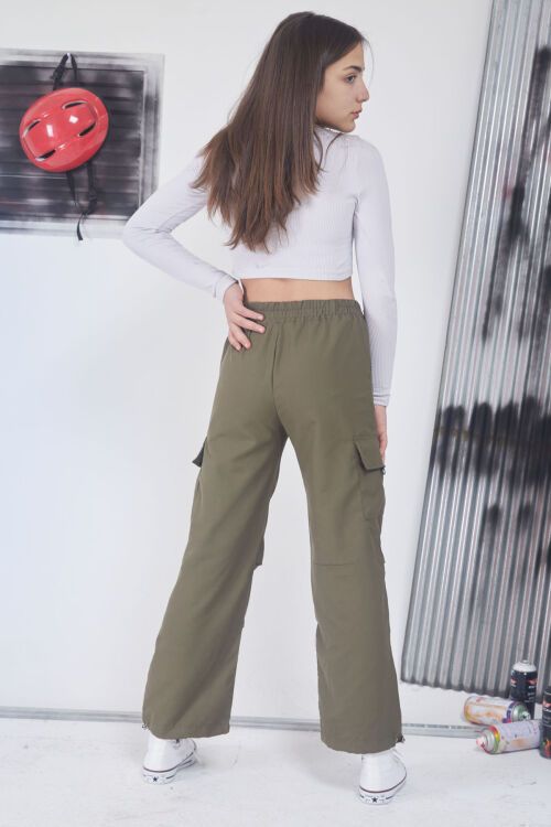 Haki Kargo Cep Lastikli Paça Kız Paraşüt Pantolon 17597